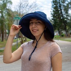 "Wide Brim Hat, Navy Blue Sun Hat, Floppy Hat, Hippie Hat, Festival Hat, Boho Hat, Travel Hat, Beach Hat, Packable Hat 100% Cotton Sunhat This summer hat has a wide 5\" brim for a good sun protection UV UPF. Removable & adjustable drawstring for windy days. The brim has a wire inside edge and can be turned up or turned down. It's easy to take shape you want. It is elegant accessory for garden and beach parties or other events. Made of environmental friendly and durable 100% cotton linen. ONE Wide Brim Sun Hat For Outdoor Activities, Solid Wide Brim Bucket Hat With Upf 50+, Wide Brim Sun Hat For Outdoor, Adjustable Wide Brim Bucket Hat With Upf 50+, Travel Sun Hat With Short Brim, Outdoor Wide Brim Sun Hat, Wide Brim Travel Sun Hat, Wide Brim Lightweight Bucket Hat For Travel, Navy Brimmed Hat For Outdoor