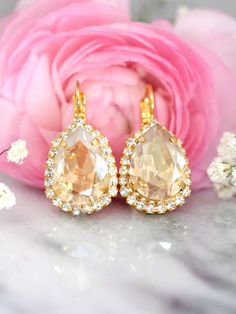 Bridal Bridesamids Champagne Crystal Earrings by Ilona Rubin On Etsy etsy.me/1Y8NKtc Champagne Earrings Wedding, Wedding Jewelry Crystal, Bridal Drop Earrings, Champagne Earrings, Glam Bride, Beige Earrings, Bridesmaids Earrings, Crystal Wedding Jewelry, Bridal Earrings Drop