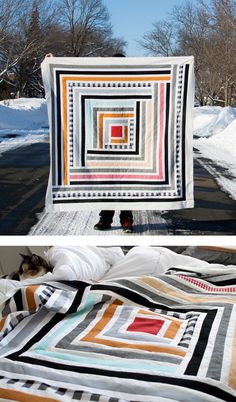 two pictures one with a quilt and the other has a blanket on top of it