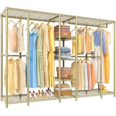 a rack with clothes and shoes on it