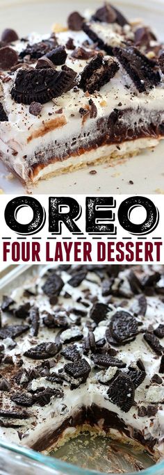 an oreo layered dessert is shown with the title above it and in the middle