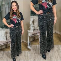 These Adorable Pants Are Beating All Of Our Expectations This Season! They Include An Elastic Waist, Wide Leg Hem, And A Fully Sequined Body. Pair This With A Blouse Or Graphic Tee And You'll Be Set! Pants Are Fully Lined. Black Sequined Straight Leg Pants, Casual Black Sequined Bottoms, Party Pants With Elastic Waistband And Straight Leg, Straight Leg Party Pants With Elastic Waistband, Straight Leg Pants With Elastic Waistband For Party, Black Wide Leg Bottoms With Sequins, Sequence Pants Outfit, Sequence Pants, Sequin Wide Leg Pants