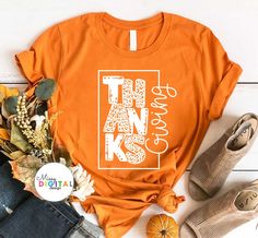 an orange t - shirt with the words thank you're awesome on it next to fall leaves and pumpkins