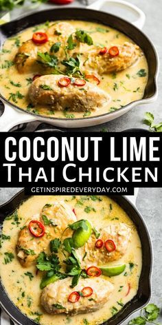 two pans filled with coconut lime thai chicken and garnished with cilantro