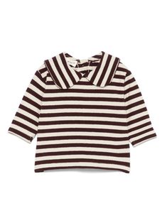 ecru/brown jersey texture horizontal stripe pattern rear button fastening Peter Pan collar long sleeves straight hem Long Sleeve Tops With Horizontal Stripes For Fall, Fall Long Sleeve Tops With Vertical Stripes, Brown Long Sleeve Top With Ribbed Collar, Teen Boy Outfits, Dress With Jean Jacket, Baby Boy Accessories, Dolce And Gabbana Kids, Suits Coats, Stella Mccartney Kids