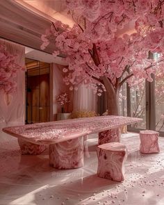 a pink table and benches are in the middle of a room with large flowers on it