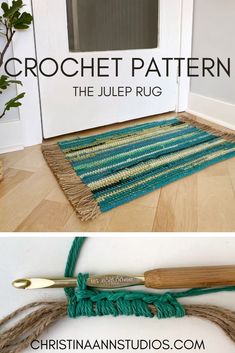 crochet pattern for the jute rug is shown in two different views, with text overlay that says crochet pattern