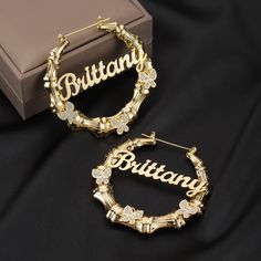 "Size： 30mm/ 40mm/50mm/60mm/70mm /80mm/90mm ♥Borne of a love for elegance, refined materials, and high quality♥ ♥Our custom name earrings allow you to choose the perfect name or word to be delicately crafted into a beautiful pair of earrings. Whether it's a name, a date, or a meaningful word, these earrings are a truly special gift that will be treasured for years to come. H O W ∙ T O ∙ O R D E R  In the \"PERSONALIZATION\" box, fill in the customization requirements you need. ♥Great Presents fo Nameplate Earrings, Arabic Jewelry, Bamboo Hoop Earrings, Butterfly Earring, Medical Jewelry, Diamond Butterfly, Name Earrings, Bamboo Earrings, Jewelry Charms Pendants