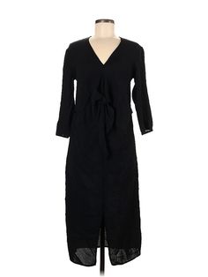 Zara Casual Dress Size: Medium Black Dresses - used. No Fabric Content, Wrap, Tie Neck, Midi/Calf Length, 3/4 Sleeve | Zara Casual Dress - Wrap: Black Dresses - Used - Size Medium Black Long Sleeve Dress With Tie Waist, Spring Black Maxi Dress With Tie Waist, Black Beach Dress With 3/4 Sleeve, Black Long Sleeve Maxi Dress With Tie Waist, Black 3/4 Sleeve Beach Dress, Black Midi Dress With 3/4 Sleeve For Spring, Affordable Button-up Zara Dresses, Black Zara Dress With Button Closure, Zara Cotton V-neck Midi Dress