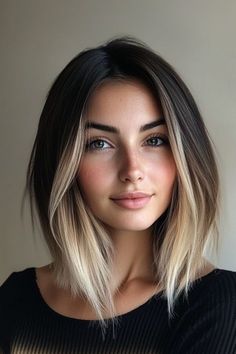 Inverted Bob With Money Piece, Long Bob With Longer Front Pieces, Face Framing Highlights Brunette Bob, Long Bob In Front Short In Back, Long Ombre Bob, Short Hair Contouring, Black Bob Blonde Highlights, Bob Money Piece Hair, Edgy Bobs With Bangs