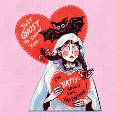 a woman holding a heart with a bat on it's head and the words, just ghost to show you