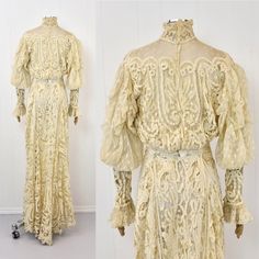 Antique 1905 Edwardian Ivory Tape Lace Gibson Girl Summer Afternoon Tea Dress Gown - Etsy Victorian Beige Dress With Ruffles, Beige Fitted Victorian Dress, Victorian Floor-length Dress With Historical Design, Victorian Floor-length Dress For Vintage Events, Victorian Long Sleeve Vintage Costume Dress, Victorian Cream Dress With Lace Trim, Victorian Long Sleeve Dress For Vintage Events, Victorian Ruffle Dress For Vintage Fashion, Fitted Victorian Vintage Dress In Vintage White