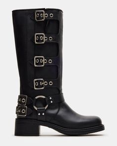 ROCKY Black Leather Knee-High Moto Boots | Women's Boots Steve Madden Rocky Boots, Rocky Boots, Engineer Boots, Steve Madden Boots, An Engineer, Leather Wear, Boots Women Fashion, Pretty Clothes, 2 Inch Heels