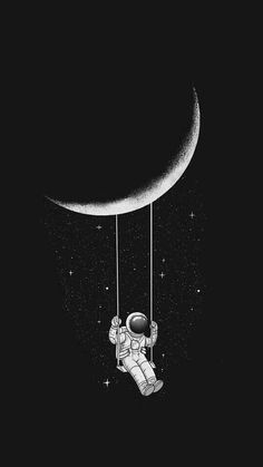 an astronaut floating in the sky next to a crescent moon and holding onto a string