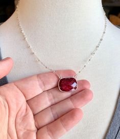 Ruby Necklace Bezel Ruby Pendant Sterling Silver Satellite | Etsy Silver Necklace With Rectangular Gemstone, Rectangular Ruby Jewelry In Silver, Rectangular Silver Ruby Jewelry, Red Faceted Sterling Silver Necklace, Chain Layering, Necklace Ruby, Ruby Pendant, Ruby Necklace, Ruby Jewelry