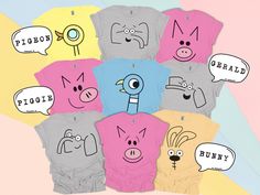 six baby onesuits with cartoon faces and speech bubbles on them, all in different colors