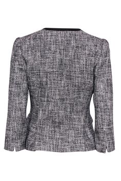 Go for a classic texture with this tweed jacket from Nanette Lepore! Perfect for adding some preppy style to any outfit, go for a country club vibe with some knee high socks and your favorite collared sweater. Size 4 76% Cotton, 20% Acrylic, 4% Nylon Open front design, no closures Fringed edges Exterior pockets Ribbon trim Waist 32" Sleeve 19.5" Shoulder to hem 23" Fitted Black Tweed Jacket For Winter, Fitted Black Tweed Jacket With Houndstooth Pattern, Fitted Casual Tweed Outerwear, Casual Fitted Tweed Outerwear, Black Fitted Tweed Blazer, Fitted Tweed Outerwear For Work, Black Tweed Tailored Fit Blazer, Fitted Tweed Jacket For Winter Workwear, Fitted Tweed Jacket For Business Casual In Fall