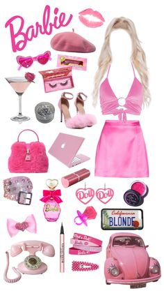 the barbie doll is dressed in pink and has many accessories including shoes, purses, lipstick