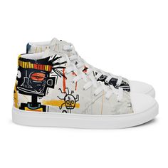 Step into a world where fashion meets art with our men's classic high sneaker! Designed with my artistic flair inspired by modern art, these high sneakers are a bold statement of individuality and style. Crafted from durable polyester and canvas, they're not just built to last but also to impress. What sets them apart is the striking high-quality print of my unique designs, making each pair a work of art that reflects your distinctive fashion sense. All designs can be produced for both men and w Urban High-top Sneakers With Graffiti Print, Modern High-top Custom Sneakers For Streetwear, Urban White Sneakers With Graffiti Print, White Urban Sneakers With Graffiti Print, Modern High-top Skate Shoes For Skateboarding, Casual High-top Sneakers With Graffiti Print, Artistic Lace-up Custom Sneakers With White Sole, Modern High-top Skate Shoes With White Sole, High-top Graphic Canvas Shoes For Streetwear