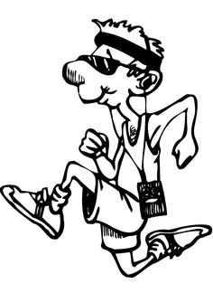 a black and white drawing of a man with sunglasses on his head running while holding a tennis racquet