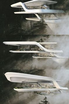 four different architectural renderings of buildings in the air with fog coming from them and trees on either side