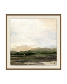 an abstract landscape with mountains in the distance and clouds above it, framed in brown wood