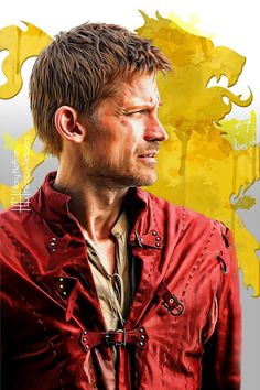 a painting of a man in a red jacket with yellow paint splattered on the background