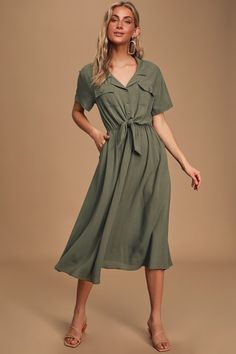 Dresses for Women | Best Women's Dresses Online Olive Green Shirt Dress, Pretty Midi Dresses, Undivided Attention, Trendy Work Outfit, Olive Shirt, Casual Work Dresses, Green Shirt Dress, Feminine Fashion, Collared Dress