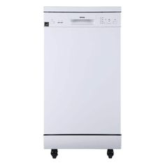 a white dishwasher sitting on wheels against a white background