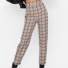 Nwt Nastygal Let’s Take A Raincheck Tapered Pants Size 2 Trendy Fitted Plaid Bottoms, High Waist Plaid Pants For Spring, Trendy Plaid Trousers, Trendy High Waist Plaid Bottoms, Plaid Long Pants For Fall, Fall Plaid Long Bottoms, Fall Plaid Long Pants, High Waist Plaid Cotton Bottoms, Trendy Fitted Plaid Pants