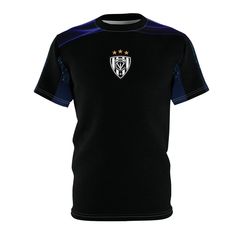 a black shirt with blue trims and an emblem on the chest