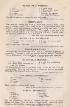 an old recipe sheet with instructions on how to make salad dressing in english and french