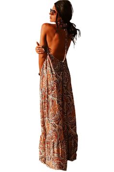 Sexy Halterneck Vintage Floral Print Backles Maxi Dress Brown Halter Neck Dress For Summer, Bohemian Backless Halter Dress, Brown Halter Neck Maxi Sundress, Brown Halter Neck Sundress Maxi Dress, Chic Brown Backless Maxi Dress, Brown Halter Dress For Summer Beach, Brown Halter Dress For Beach In Summer, Brown Summer Halter Dress For Beach, Brown Backless Dress For Vacation