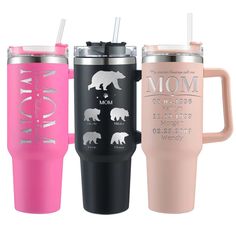 three travel mugs with the words mom and bears on them