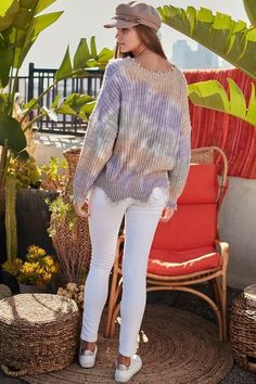 STYLE INFORMATION: Transition into cooler weather in the Easy Vibes Lavender Tie-Dye Snag Sweater! Distressed V-neck sweater in a lavender multi tie-dye print (in hues of lavender, blush, teal, and ivory) with long drop sleeves and slouchy fit. Ripped detail on neckline, sleeves, and hem. Wear with cute frayed hem jeans and booties for a chic cooler weather look. DETAILS & CARE: Acrylic Blend. Machine Wash Cold. Imported. SHIPPING: We offer free shipping over $100 for all orders in the Continent Casual Lavender Sweater For Fall, Purple Bohemian Spring Sweater, Lavender Crew Neck Casual Sweater, Lavender Casual Crew Neck Sweater, Casual Lavender Crew Neck Sweater, Casual Heather Sweater For Spring, Lavender Tie, Ripped Sweater, Boho Pink