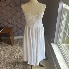 Size L Color White And Has Pockets!!! Side Zipper Lined 100% Linen New Without Tags Extra Button Attached Some Tiny Stains That Should Come Right Out When Washed (Never Washed Since Purchase) Olive Green Midi Dress, Green Sundress, Wrap Dress Midi, White Lace Midi Dress, Backless Midi Dress, One Shoulder Midi Dress, Cocktail Dress Wedding, Midi Slip Dress, Strapless Midi Dress