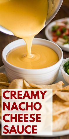 creamy nacho cheese sauce being poured into a bowl