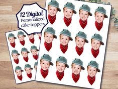 two photos of a boy wearing a hat and bandana with the words 12 digital personalized cake toppers