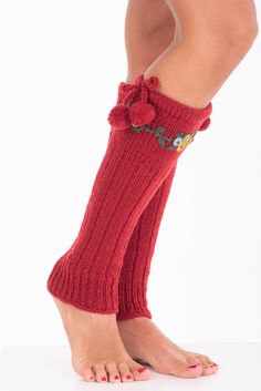 Wool knit leg warmers, Classic Leg warmers, Naturally insulated leg warmers, Knee High socks, Boot Toppers, Knitted leg warmers, Boot toppers, Boot cuffs Our chunky knit tassels embroidery leg warmers are about 15 inches long, and made from  100% merino wool - the result is an extremely warm, comfortable, durable, and elegant accessory that will keep you warm and stylish in winter.  Perfect for a cozy evening at home, or pair them with your favorite pair of ankle boots. This trendy Leg warmer is Red Leg Warmers For Winter Stocking Stuffer, Comfortable Knitted Leg Warmers, Comfortable Hand Knitted Winter Socks, Knitted Leg Warmers For Winter, Cozy Knitted Leg Warmers, Red Knee-high Leg Warmers For Winter, One Size Knitted Mid-calf Socks, Cozy Thick Knitted Leg Warmers, Hand Knitted Knee-high Socks For Winter