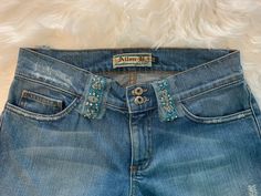 Y2K Allen B. Jeans.  Double Rivet waistband, lace and beading on belt loops and back pockets.  Size 28.  Boot Leg. Womens Jeans, Beading, Women Jeans, Sewing, Beads, Boots, Clothes For Women, Lace, Clothes