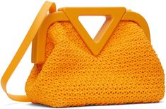 Rubber crochet top handle bag in orange. · Fixed carry handle · Adjustable and detachable shoulder strap · Magnetic closure · H5.5 x W8.5 x D3.5 in Supplier color: Tangerine Orange Top Handle Shoulder Bag With Dust Bag, Designer Orange Top Handle Shoulder Bag, Orange Top Handle Bag With Handle Drop, Modern Crochet Top Handle Bag, Handle Bag, Magnetic Closure, Bottega Veneta, Top Handle, Crochet Top