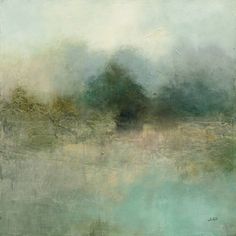 an abstract painting with water and trees in the background