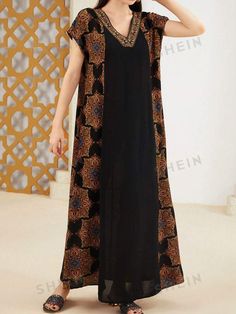 Brown Patchwork V-neck Dress, Bohemian V-neck Patchwork Maxi Dress, Black Patchwork V-neck Dress, V-neck Splicing Dress For Beach, V-neck Splicing Beach Dress, V-neck Beach Dress With Splicing, Beach V-neck Dress With Splicing, Black Patchwork Short Sleeve Maxi Dress, Black Short Sleeve Maxi Dress With Patchwork