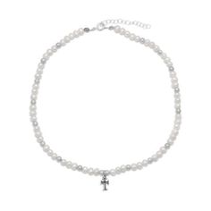 Women's Freshwater Pearl and Silver Bead Cross Necklace Xoxo Bracelet, Necklace With Cross, Silver Necklace Designs, Pearl Drop Necklace, Silver Bead Necklace, Silver 925 Necklace, White Freshwater Pearl, Childrens Jewelry, Silver Bead