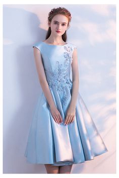 10% off now! Shop elegant sky blue knee length homecoming party dress with embroidery online. Sheprom offers formal, party, casual & more style dresses to fit your special occasions. Party Dress Blue, Cap Sleeve Prom Dress, Blue Prom Dress, Custom Bridesmaid Dress, Pretty Embroidery, Lace Bridesmaids, Blue Party Dress, Lace Bridesmaid Dresses, Blue Bridesmaid Dresses