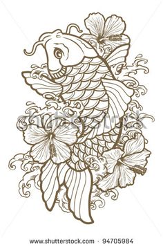 a black and white drawing of a koi fish with flowers on it's back