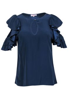 Current Boutique-Parker - Navy Silk Cold Shoulder Blouse w/ Ruffles Sz S Viscose Flutter Sleeve Tops For Summer, Viscose Top With Flutter Sleeves For Summer, Summer Viscose Top With Flutter Sleeves, Chic Flowy Blouse With Flutter Sleeves, Elegant Cold Shoulder Top For Party, Elegant Silk Off-shoulder Blouse, Elegant Ruffled Tops For Night Out, Elegant Cold Shoulder Blouse For Night Out, Elegant Cold Shoulder Summer Top