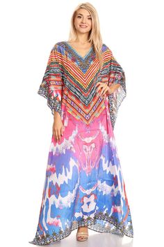 This caftan dress cover up is made of a lightweight material with no structure so that it drapes effortlessly and elegantly. It is very forgiving and loose fitting for maximum comfort and best wear. Colors are very vibrant and unique. Each dress is handmade and timeless.