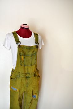 Item# 230243 I have been dying denim regularly - I just started dying other items like these overalls.  They have been a big hit! ABOUT OVERALLS: Overalls are loose fitting. The waist measurement is about 1-2 inches larger than what you would normally wear.  Adult Small 32-34" waist.  Medium 34-36" waist,  Large 36-38 waist XL are 38-42 waist.  DETAILS: Upcycled Denim Overalls "BlueSpice " Brand 98% Cotton/2% Spandex Dyed Gold Mock Fly  Womens Size Medium Measurements:   Size Jrs. Medium 34" Wai Overall Pants, Upcycled Jeans, Bib Overalls, Upcycled Denim, Denim Overalls, How To Dye Fabric, Full Length, Overalls, Loose Fitting