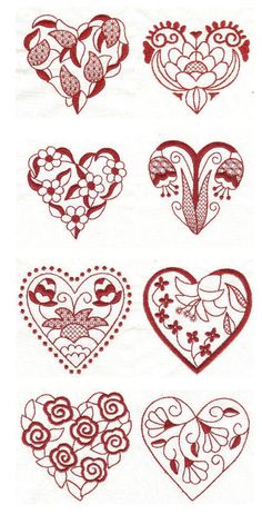 several hearts are drawn in red ink on white paper, each with different designs and colors